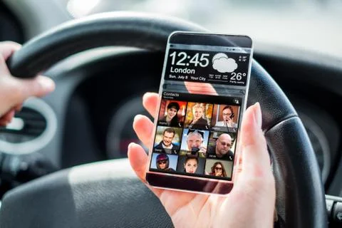 Smartphone with transparent screen in human hands. Stock Illustration