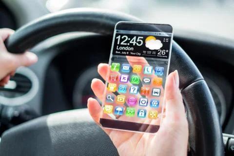 Smartphone with transparent screen in human hands. Illustrazione stock