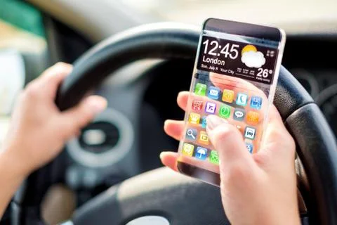 Smartphone with transparent screen in human hands. Illustrazione stock