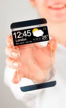 Smartphone with transparent screen in human hands. Illustrazione stock