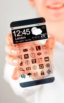 Smartphone with transparent screen in human hands. Stock Illustration