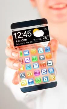 Smartphone with transparent screen in human hands. Stock Illustration