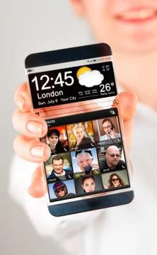 Smartphone with transparent screen in human hands. Illustrazione stock
