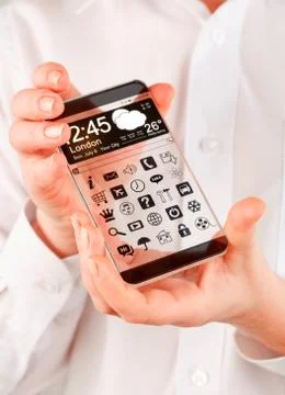 Smartphone with transparent screen in human hands. Stock Illustration
