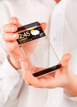 Smartphone with transparent screen in human hands. Stock Illustration