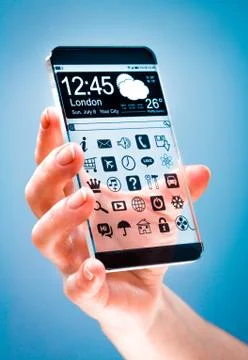 Smartphone with transparent screen in human hands. Stock Illustration