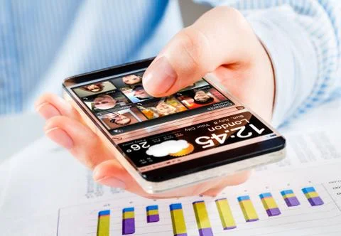 Smartphone with transparent screen in human hands. Stock Illustration