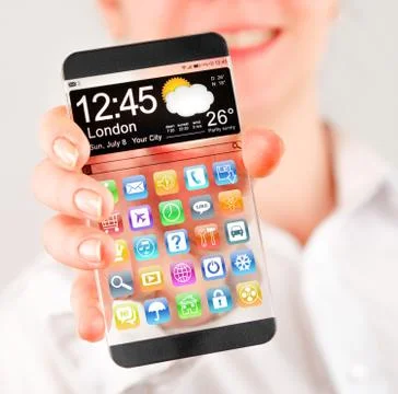 Smartphone with transparent screen in human hands. Stock Illustration