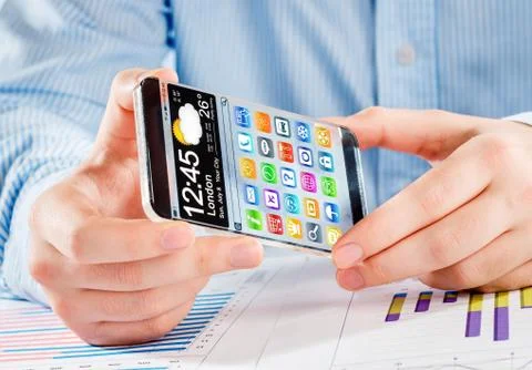 Smartphone with transparent screen in human hands. Stock Illustration