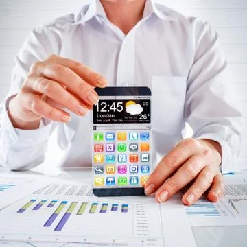 Smartphone with transparent screen in human hands. Stock Illustration