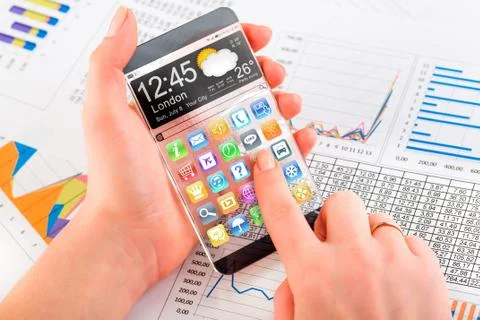 Smartphone with transparent screen in human hands. イラスト素材