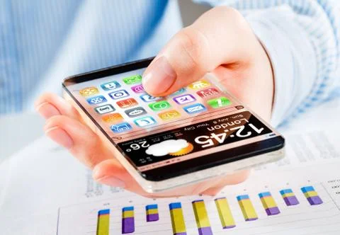 Smartphone with transparent screen in human hands. Illustrazione stock