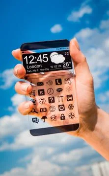 Smartphone with transparent screen in human hands. Illustrazione stock