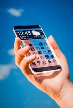 Smartphone with transparent screen in human hands. Stock Illustration