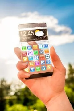 Smartphone with transparent screen in human hands. Illustrazione stock