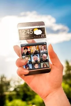 Smartphone with transparent screen in human hands. Stock Illustration