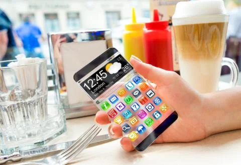 Smartphone with transparent screen in human hands. Stock Illustration