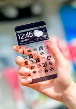 Smartphone with transparent screen in human hands. Illustrazione stock