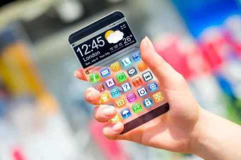 Smartphone with transparent screen in human hands. Illustrazione stock