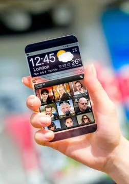 Smartphone with transparent screen in human hands. Illustrazione stock