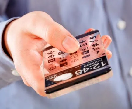 Smartphone with transparent screen in human hands. Foto stock
