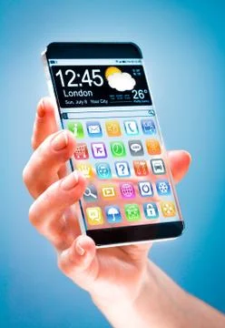 Smartphone with transparent screen in human hands. Foto stock