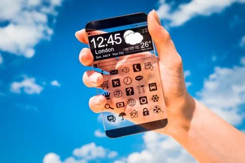 Smartphone with transparent screen in human hands. 写真素材