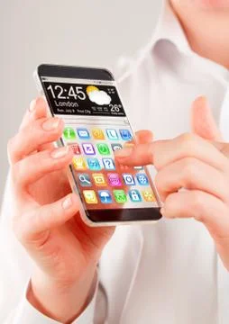 Smartphone with transparent screen in human hands. Foto stock