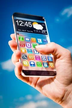 Smartphone with transparent screen in human hands. Foto stock