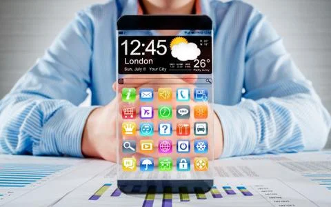Smartphone with transparent screen in human hands. 写真素材