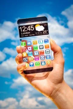 Smartphone with transparent screen in human hands. Foto stock
