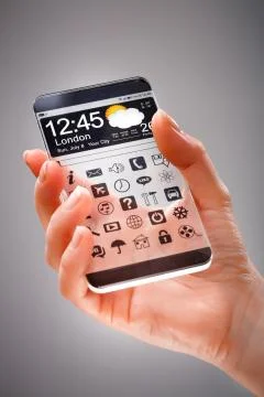 Smartphone with transparent screen in human hands. Foto stock