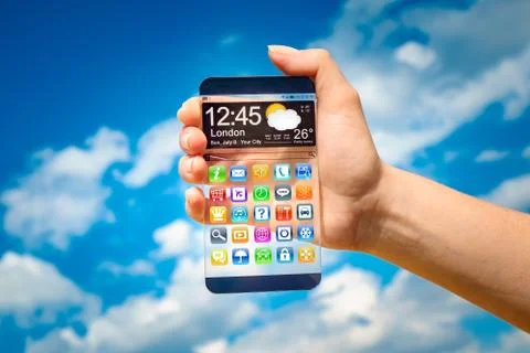 Smartphone with transparent screen in human hands. Foto stock