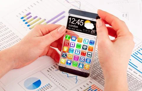 Smartphone with transparent screen in human hands. Foto stock