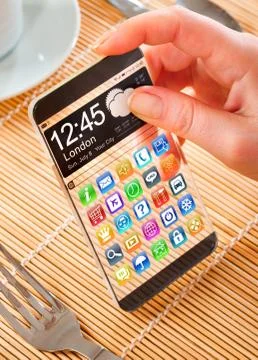 Smartphone with transparent screen in human hands. Foto stock