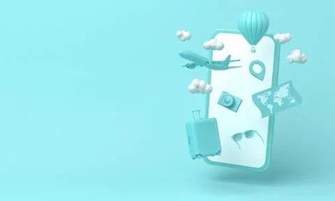 Smartphone with travel objects on blue background. 3d rendering Stock Illustration