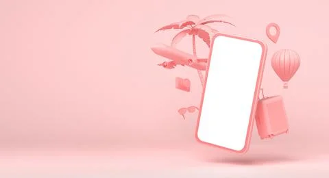 Smartphone with travel objects on pink background. 3d rendering Illustrazione stock