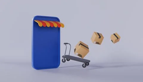 Smartphone with Trolley and Cardboard Boxes transport shipping fast delivery Stock Illustration
