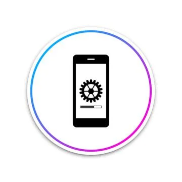 Smartphone update process with gearbox progress and loading bar icon on white Stock Illustration