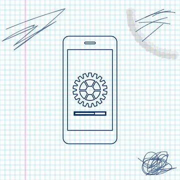 Smartphone update process with gearbox progress and loading bar line sketch icon Stock Illustration