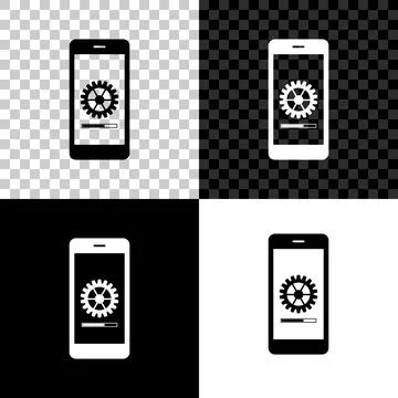 Smartphone update process with gearbox progress and loading bar icon on black Stock Illustration