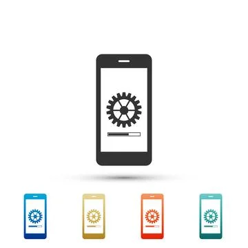 Smartphone update process with gearbox progress and loading bar icon isolat.. Illustrazione stock