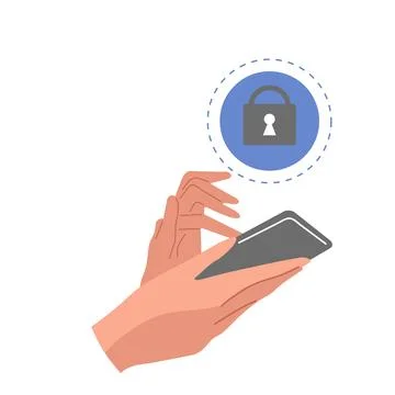 Smartphone usage for secure data access. Hands holding phone with closed lock Stock Illustration
