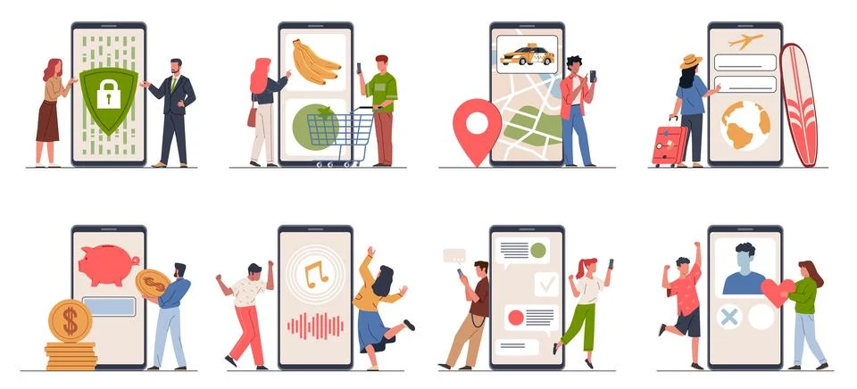 Smartphone use functions. Various useful mobile applications, tiny people, big Stock Illustration