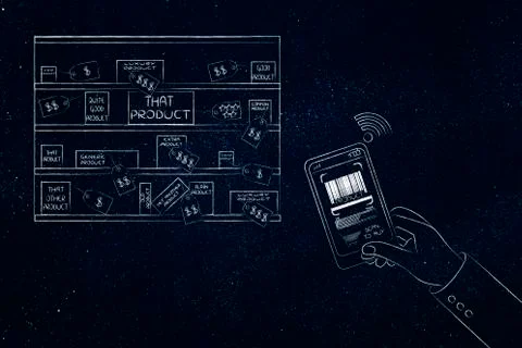 Smartphone user with code bar on screen in a shop Stock-Illustration