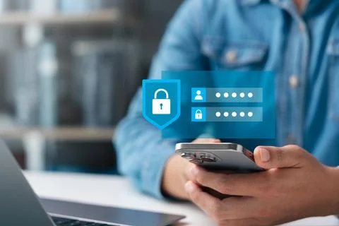 Smartphone user with padlock icon encryption security code protects company.. Stock Photos