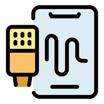 Smartphone using external microphone recording audio, sound wave displayed on Stock Illustration