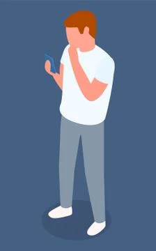 Smartphone using, man with mobile phone, isometric 3d young guy in casual Stock Illustration