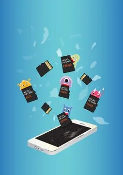 Smartphone Virus eating micro SD memory card Stock Illustration