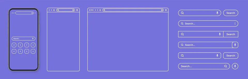 Smartphone, web browser, internet page window with toolbar and search bar, field Illustrazione stock